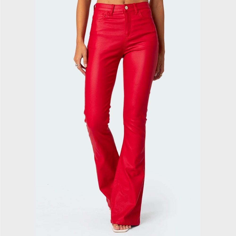 Edikted Red Luna Faux Leather Flare Pants